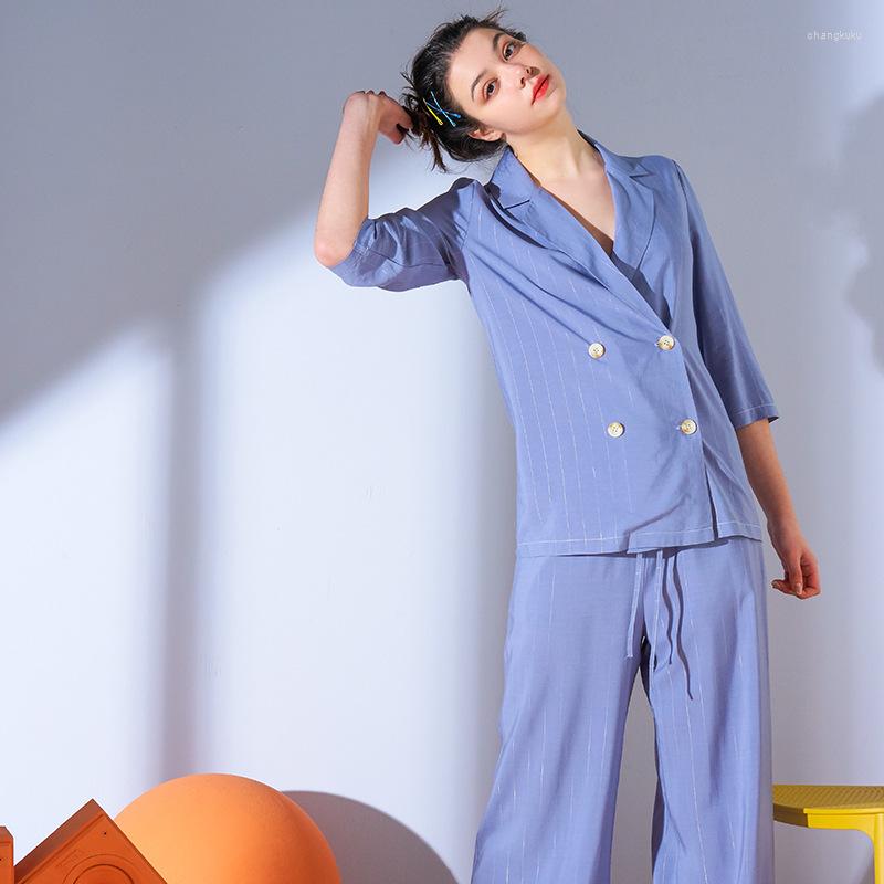 

Women's Sleepwear 2023 Spring Pajamas 7 Quarter V-Neck Rayon Loungewear Women Pijama Mujer 2 Piece Pajama Set Home Clothes, Blue