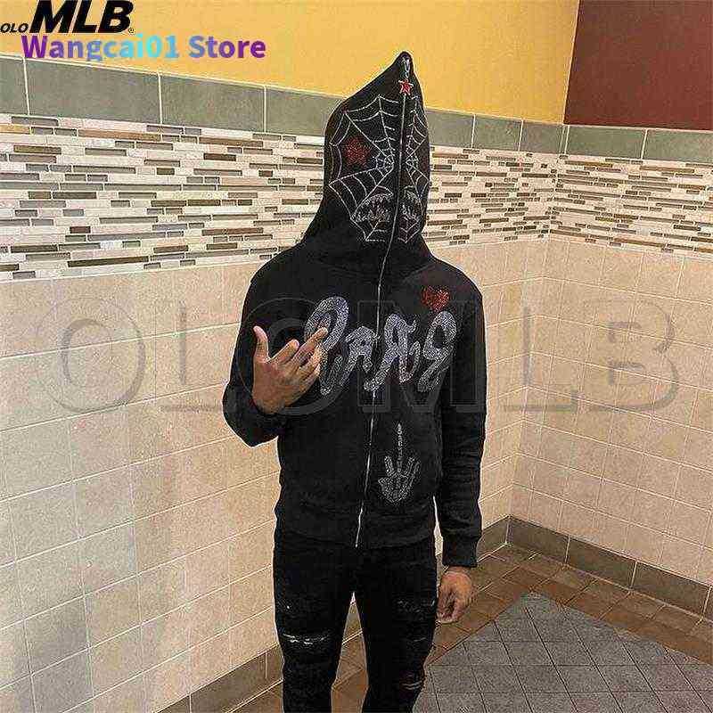 

Men's Hoodies Sweatshirts full Zip up Hoodie Y2K Men Streetwear Long Seve rhinestones spider web goth Sweatshirt Oversized o Clothing Hoodie Sweater 907H