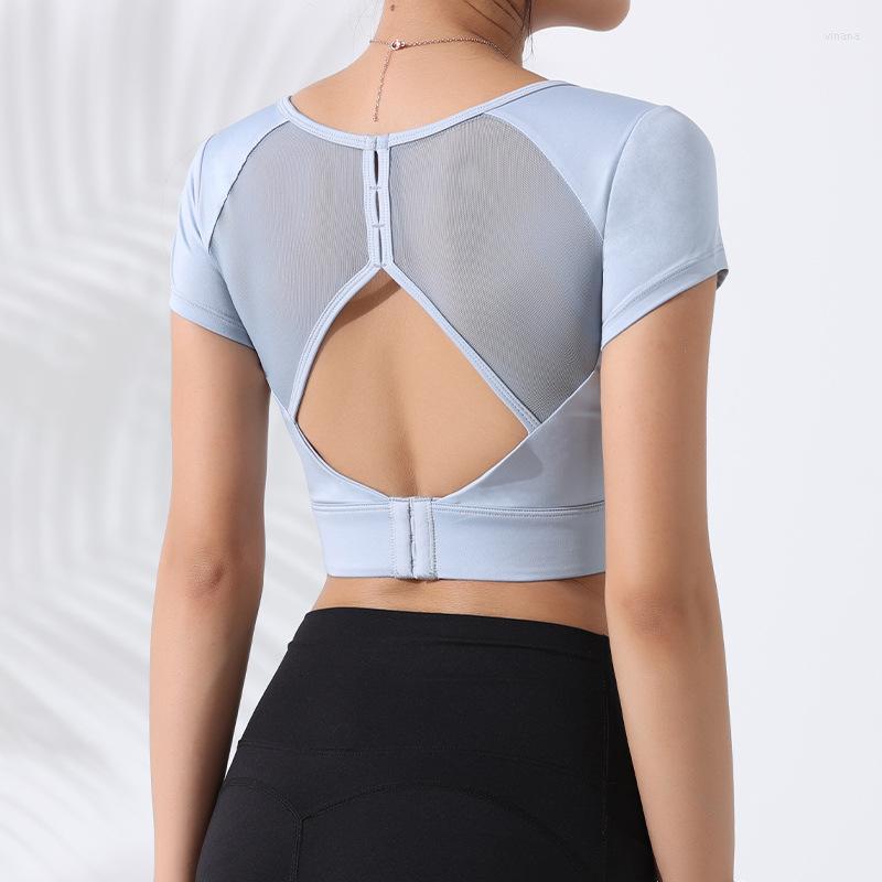 

Active Shirts Mesh Patchwork Sports Yoga Crop Tops With Buckles Padded Fitness Short Sleeve T-Shirts Sportswear Gym Workout Nylon, Black
