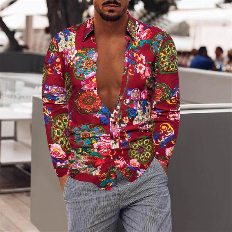 

Men's T Shirts Cotton Lapel Linen Shirt Casual Size Fashion And Men's Long-Sleeved Vintage Tops Geometric Solid, Red