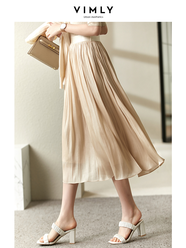 

Skirts Vimly Female Summer Skirt Mid Long Pleated Folds Slim Spring 2023 Gauze Elegant Office Lady Comfortable Women Clothing V6012 230225, Green