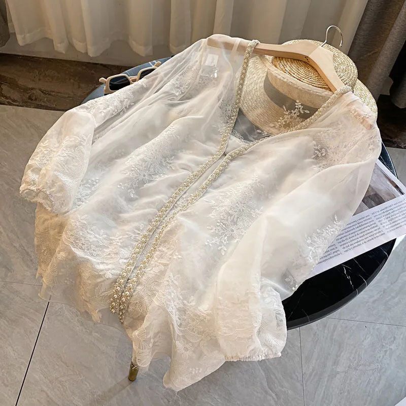 

V-neck Embroidery Beaded Chiffon Cardigan Long-Sleeved Top for Women Summer New Thin Sun-Proof Coat F345, White