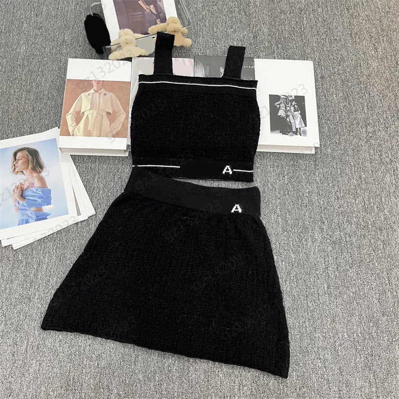 

Embroidery Two Piece Dress Contrasting Color Striped Letter Decorated Sexy Suspender Vest Elastic High-waisted Slim A Line Skirt Womens Clothing Black, 12