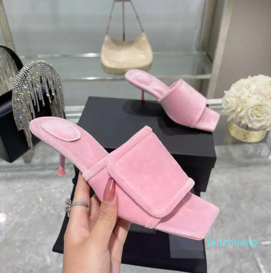 

European luxury women's slippers mink suede soft diamond letter design 5cm heel high multi color women 2323 size 35-40268L, Blue