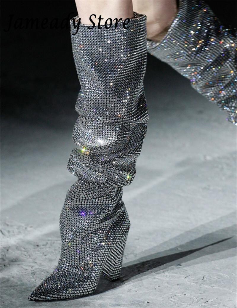 

Boots Women Thigh Wedding Over The Knee Bling Long Botas Spike High Heel Crystal Sweet Ladies Party Shoes 230227, Knee silver