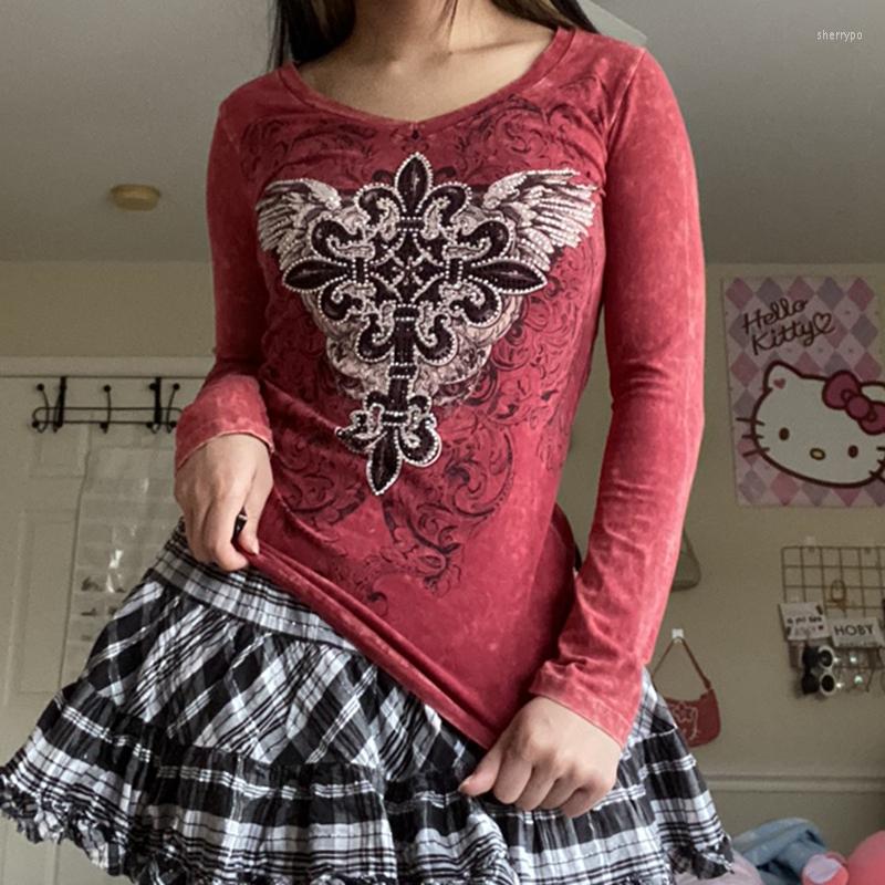 

Women' T Shirts 2000s Retro Diamonds Graphic Print Tshirt Women V Neck Long Sleeve Pullovers Autumn Spring Fairycore Grunge Vintage Tees, Maroon