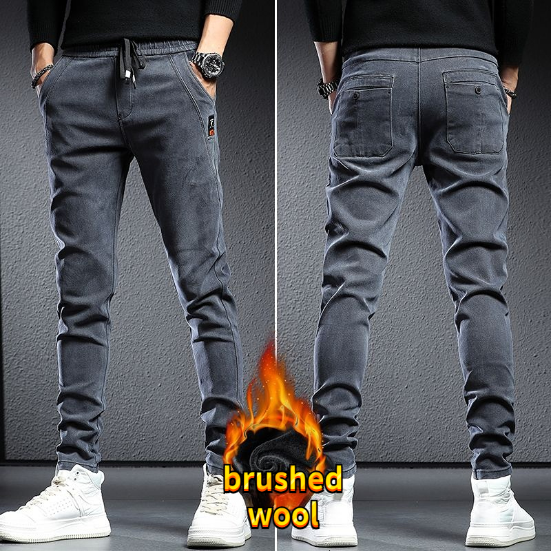 

Men's Jeans Autumn Winter Baggy Man Brushed Thicken Wool Plush Cowboy Black Korean Designer Clothing Cargos Drawstring Slim Trousers 230227, Autumn black