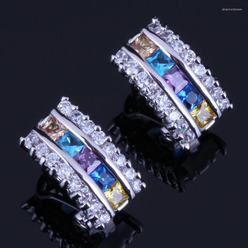 

Backs Earrings Awesome Square Multigem Multicolor Brown Cubic Zirconia Silver Plated Clip Hoop Huggie V0381