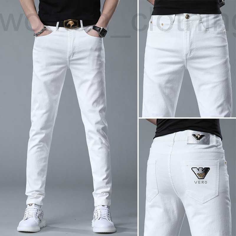 

Men's Jeans Designer Spring and summer white denim pants men's casual embroidery hot drill elastic middle waist Slim Skinny Men 9KVE, 6875 white