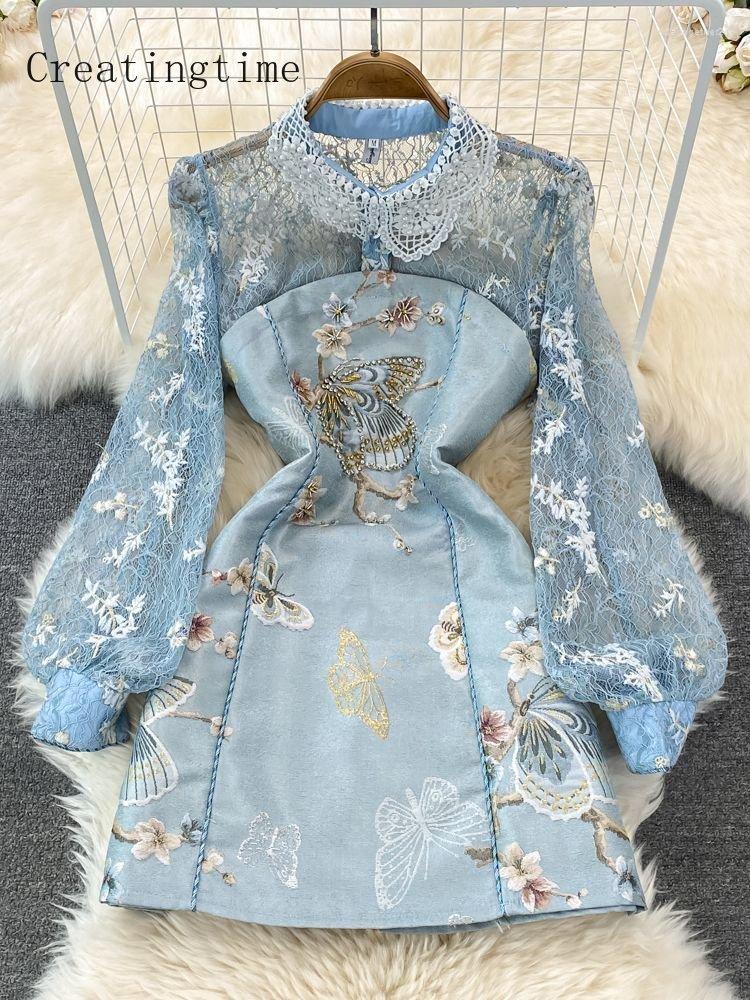 

Casual Dresses Fashion Runway Designer Vintage Party Dress For Women Beaded Lapel Embroidery Lace Diamond Butterfly Flower Jacquard 1A273, Aspicture