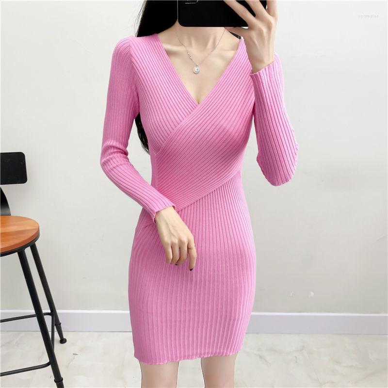 

Casual Dresses 2023 Autumn Slim Knitted Dress Women' V-neck Long Sleeve Bodycon Sexy Fashion Crossover Hip Wrap Night Club Party, Black