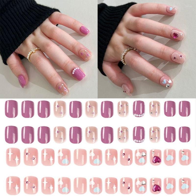 

False Nails 24pcs Nail Tips Manicure Love Diamond Detachable Short Square Pearl Fake