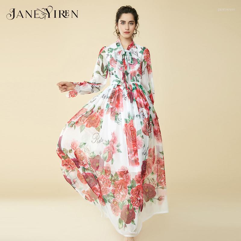 

Casual Dresses Jianyiren 2023 Spring Summer Maxi Dress Bow Collar Rose Floral Prin Butterfly Sleeve Long Holiday Bohemian Loose, White