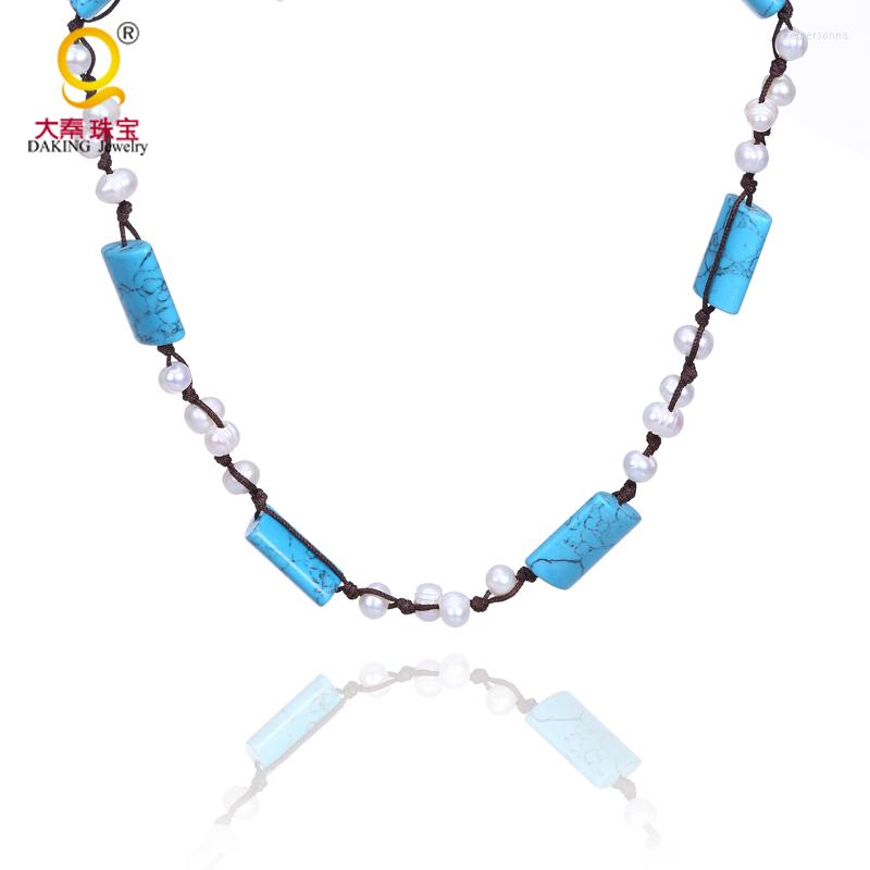 

Choker Natural Pearl Necklace With Blue Wlite Beads Howlite Stone For Women