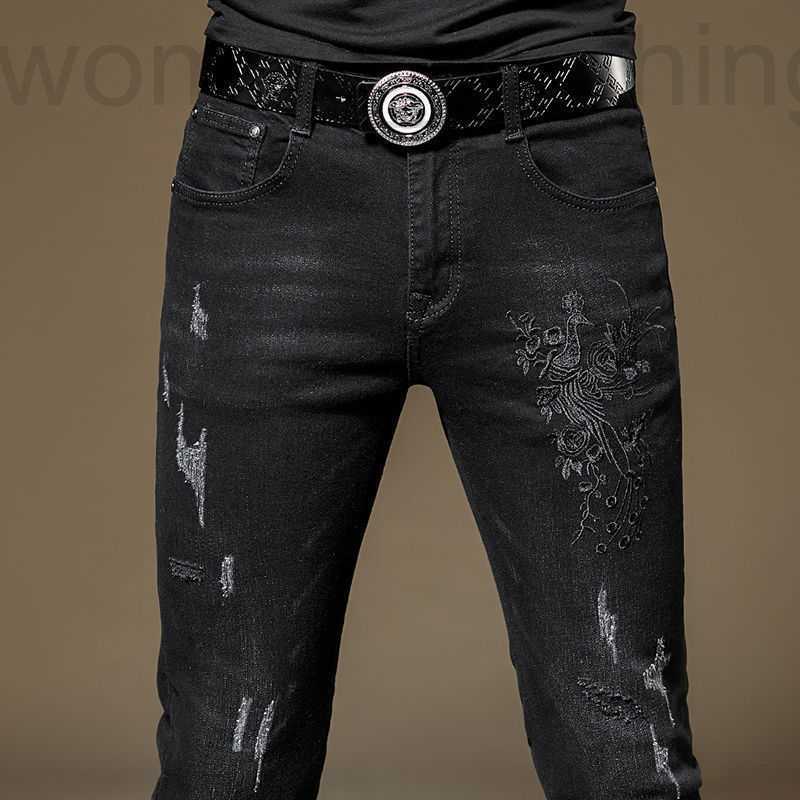 

Men's Jeans Designer black embroidered jeans men's fashion youth slim pants trend FKX7, Black 7711