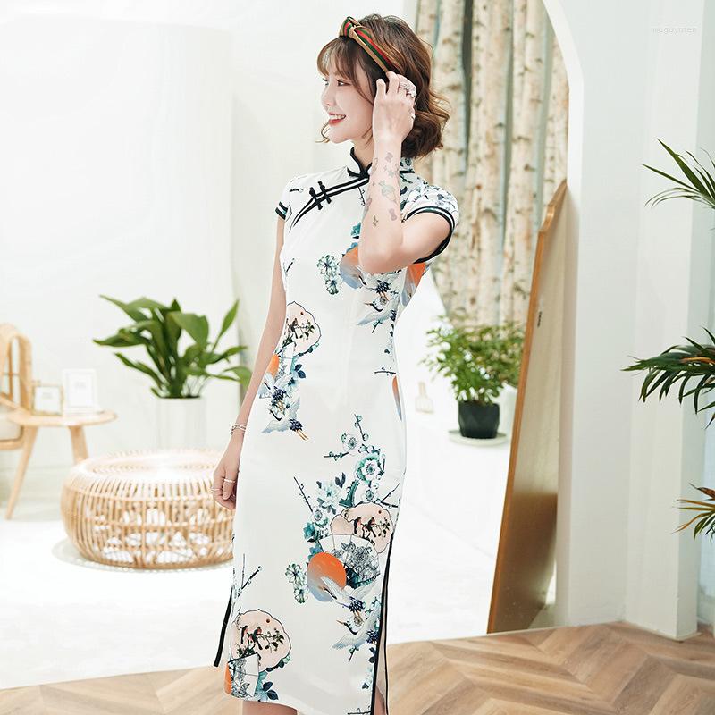 

Ethnic Clothing Elegant Short Sleeve Satin Qipao Print Flower Lady Evening Party Dress Plus Size 4XL Slim Cheongsam