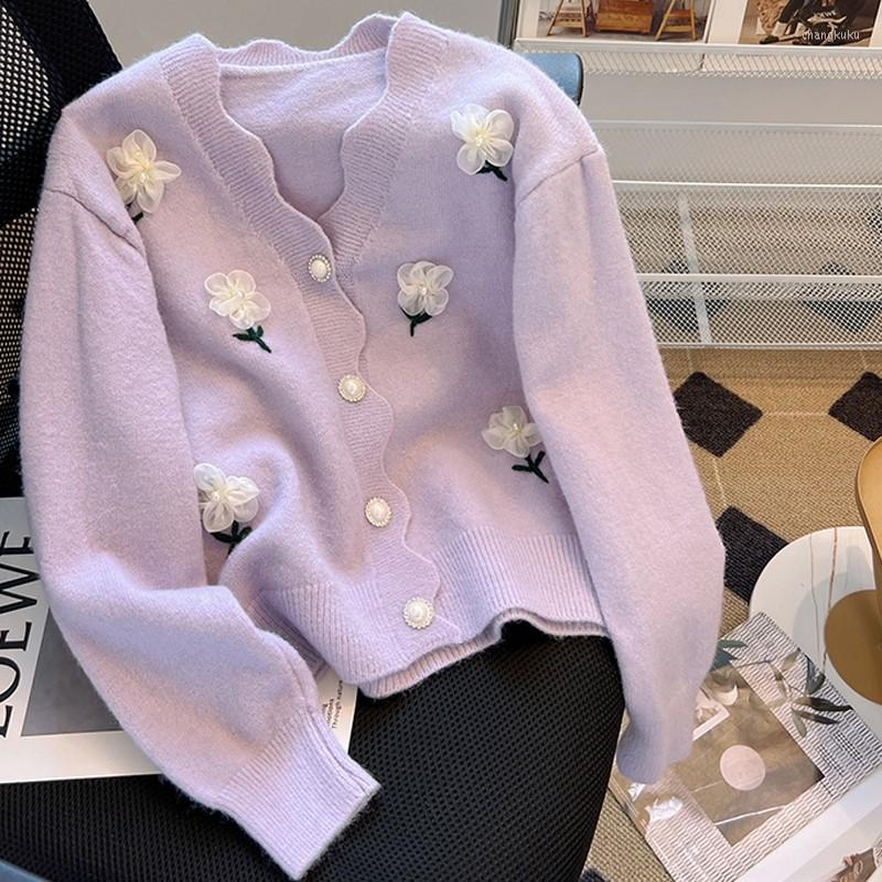 

Women's Knits Autumn Knit Sweater Cardigan Women Elegant Casual Loose Female Knitted Cardigans Fashion Appliques Long Sleeve Top Sweaters, Pink