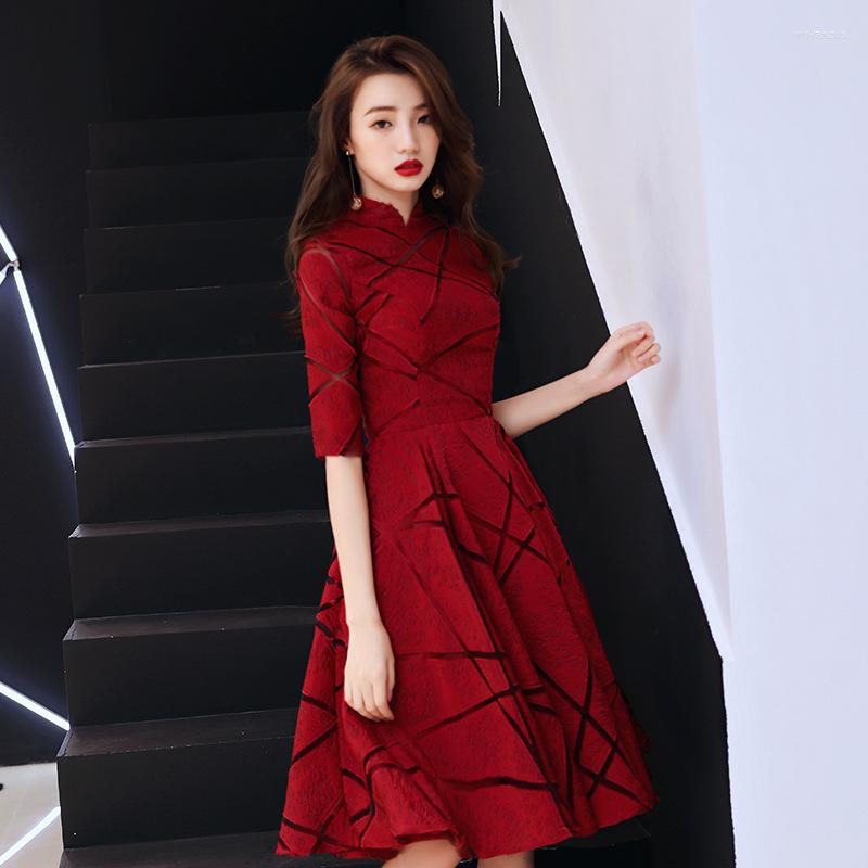 

Ethnic Clothing Woman Qipao Sexy Wedding Prom Robe Retro Dark Red Party Evening Cheongsam Dress Oriental Chinese Style Chinoise Femme