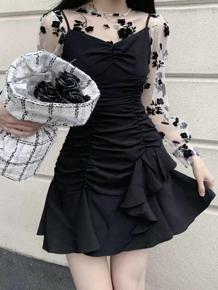 

Casual Dresses Black Spaghetti Strap Ruffle Dress Rose Mesh Long Sleeve Tops Two Pieces Set Korean Fashion Party Vestido De Mujer Outfits, 2 set black