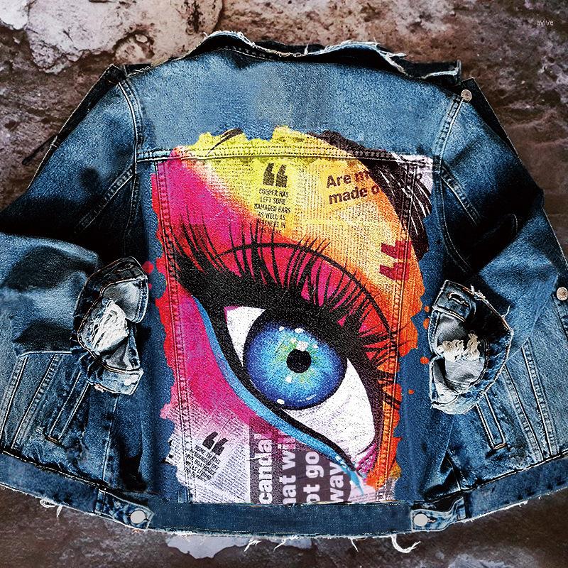 

Women' Jackets Big Eyes European And American Foreign Trade Denim Jacket Ladies High Street Hip-Hop Loose Coat, Black 1