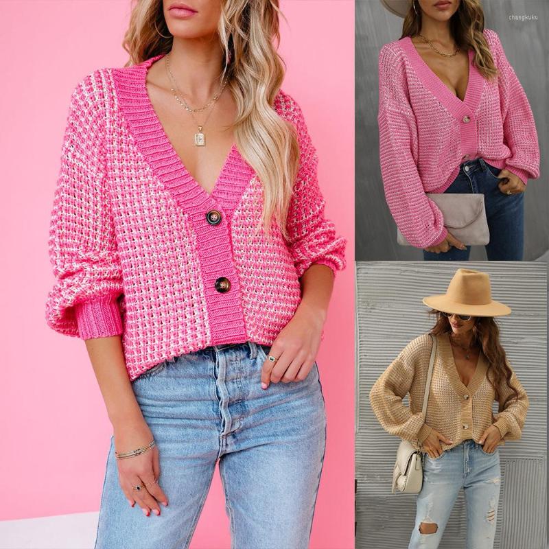 

Women' Knits 2023 Spring Autumn Leisure Loose Women Knitted Cardigan Large Button Short Female Sweater Coat, Pink