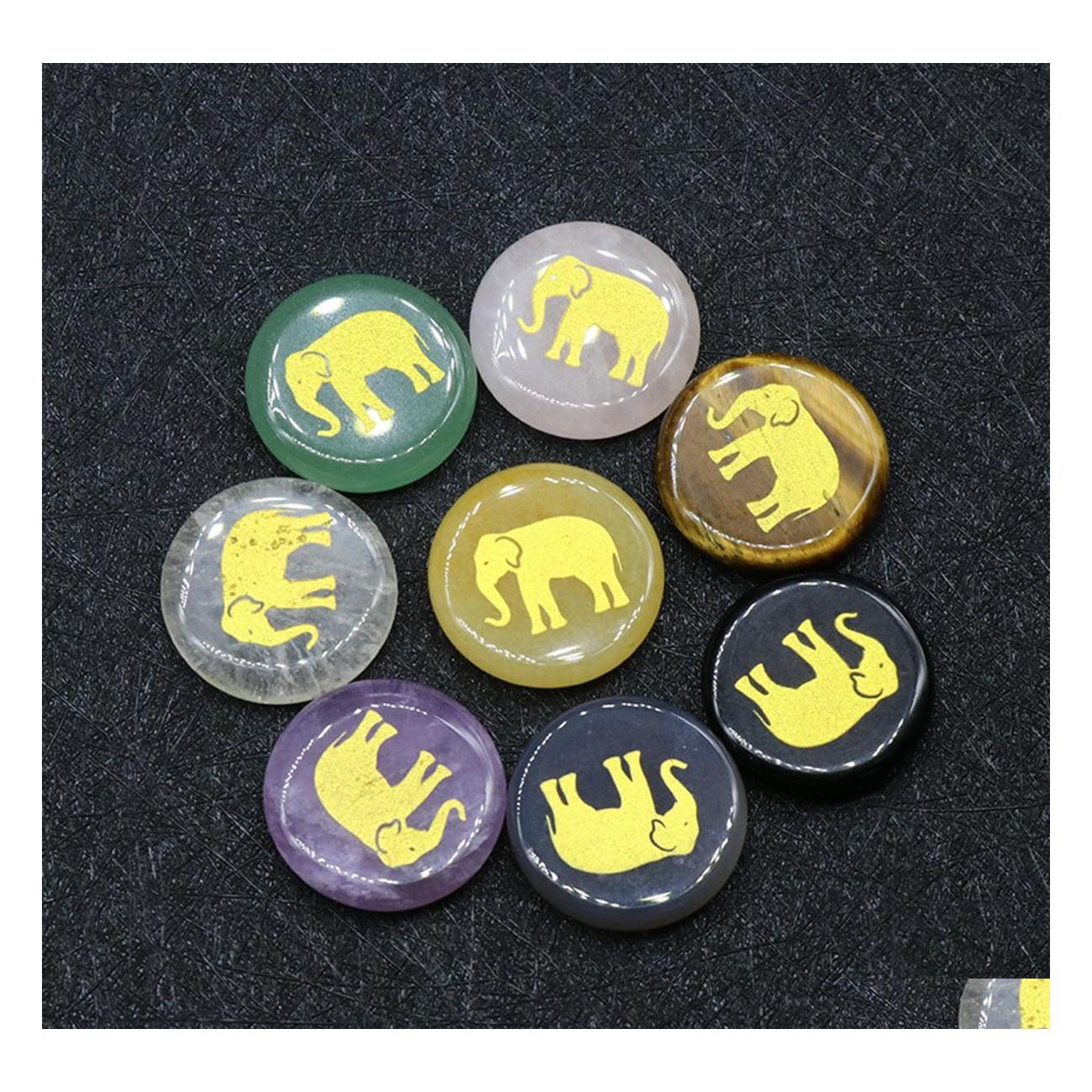 

car dvr Loose Gemstones Gold Elephant Chakra Gemstone Round Disc Semi Precious Stone Palm Worry Thumbled Therapy Geometry Healing Coin Reikn Dhzz7