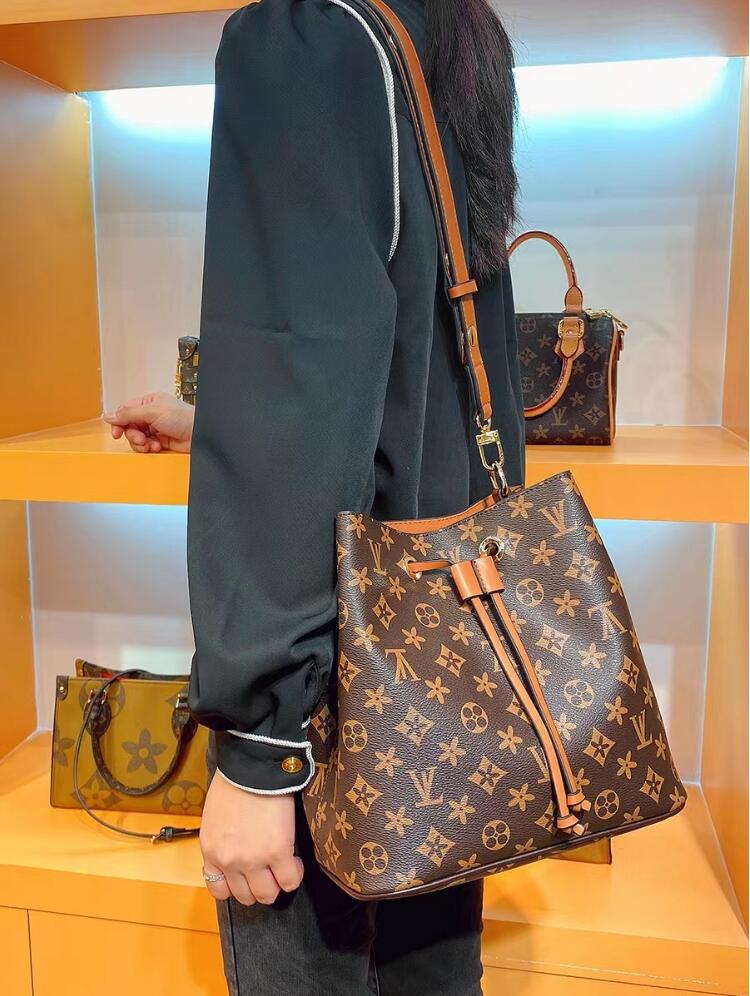 

luxurys designers NEONOE Bucket Shoulder Bags flower Purses louiseity Women Tote Brand Letter viutonity Genuine Leather Handbags vuttons crossbody bag, Brown