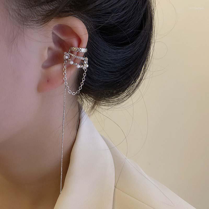 

Backs Earrings 1Pcs Sliver Color Long Pearl Tassel Clip Earring For Women Girls Punk Metal C-shaped Non Piercing Chain Ear Cuff Jewelry