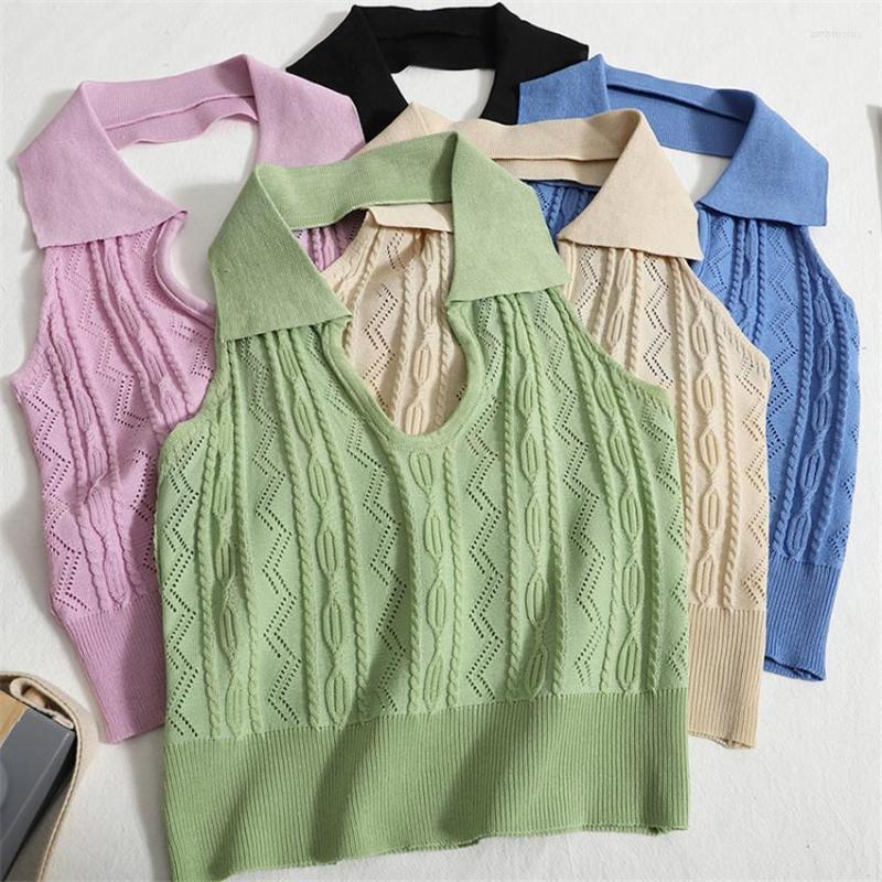 

Women's Tanks Women Sexy Backless Halter Neck Tops Knit Crop Top Camis Mujer Solid Knitwear Tee Shirt Femme Sweater Vest Cropped, Color 1