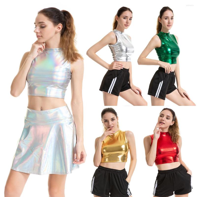 

Women' Tanks Shiny Metallic Color Tops High-neck Slim Stage Performance Suit Women' Sleeveless Vest