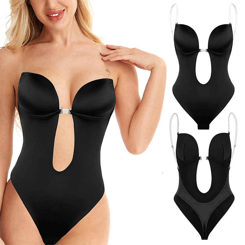 

Women' Shapers Women Full Body Shaper Bra Deep V Backless Plunge Corset Sexy Thong Shapewear Invisible Push Up Underwear Slimming Bodysuit Faja 230227, Black