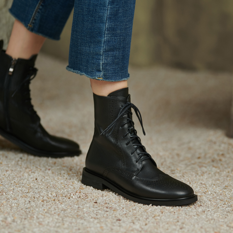 

Boots EshtonShero Women's Ankle Genuine Leather Autumn Laceup Motorcycle Ladies British Style Black Shoes 230227, Auburn