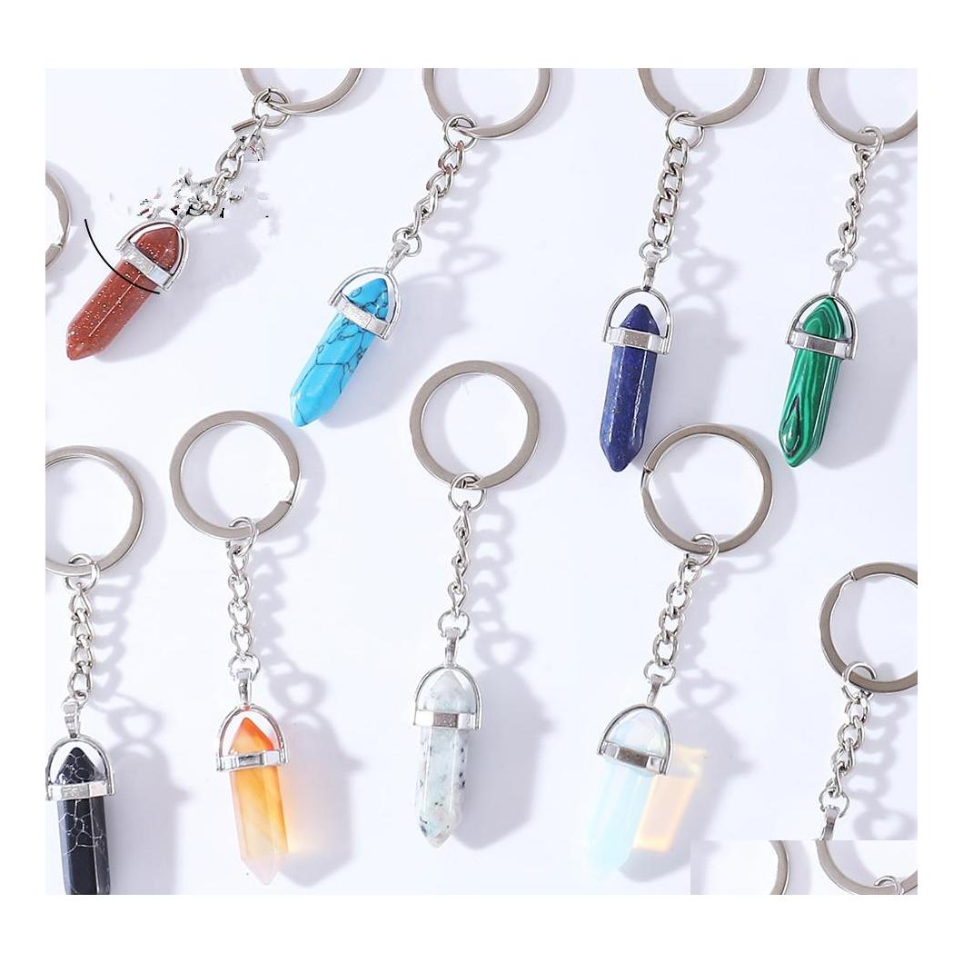 

car dvr Key Rings Hexagon Prism Natural Crystal Stone Keychain Women Ring Fashion Keyholder Boho Jewelry Car Keyring For Drop Delivery Dhi0Q