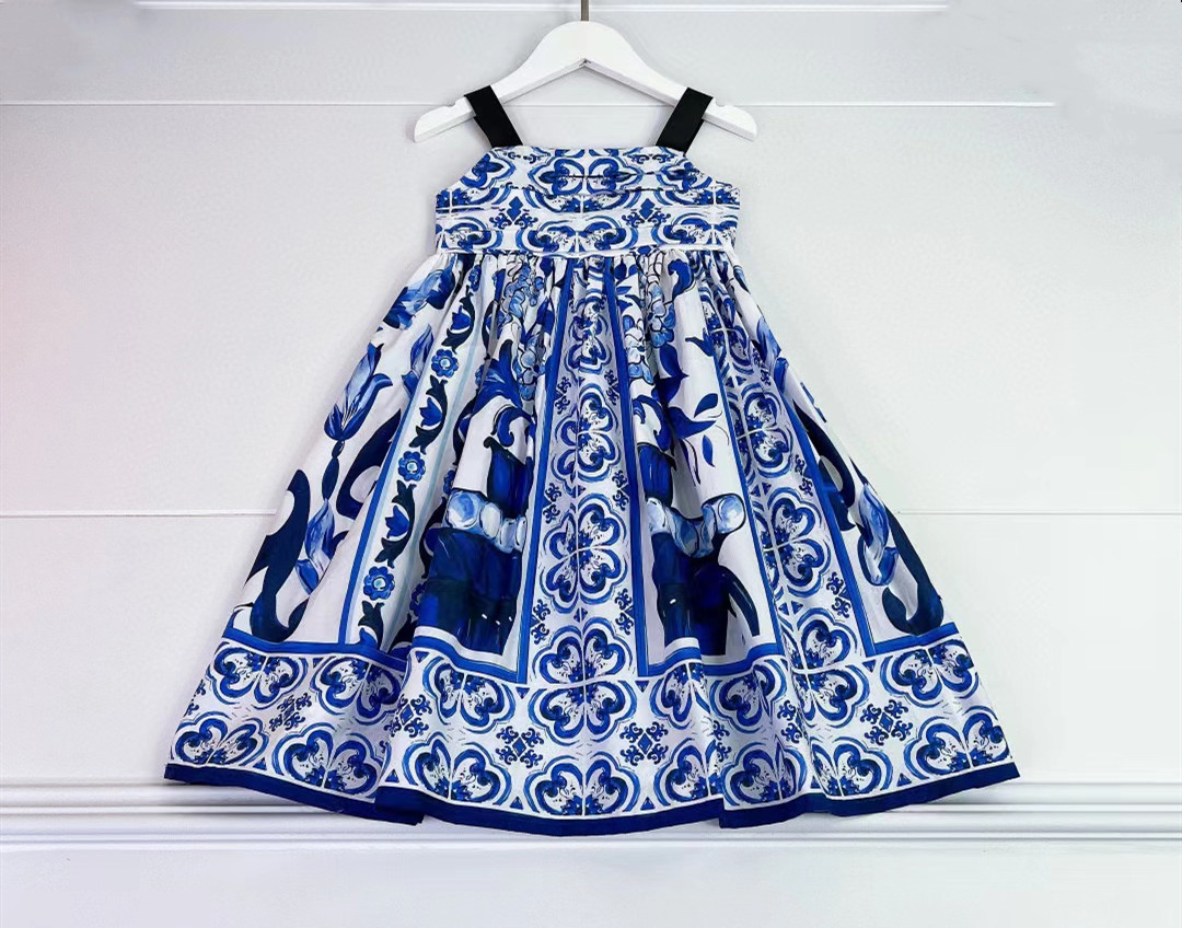 

2023 children's clothing fashion girls dress latest fashion flower print patchwork dress, Blue