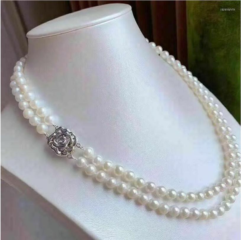 

Chains Double Strand 7-8mm Natural Akoya White Pearl Necklace 18 Inch 925s