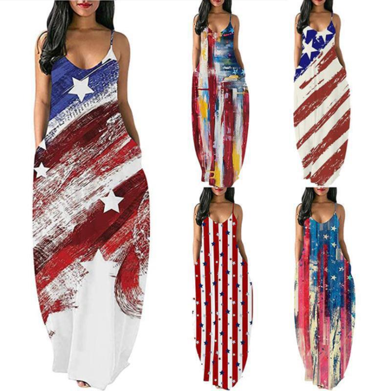 

Casual Dresses Women Summer Vintage Strap American Flag Independe Print Midi Maxi Dress Femme Sexy Party Night Club Long Robe Vestido, C2