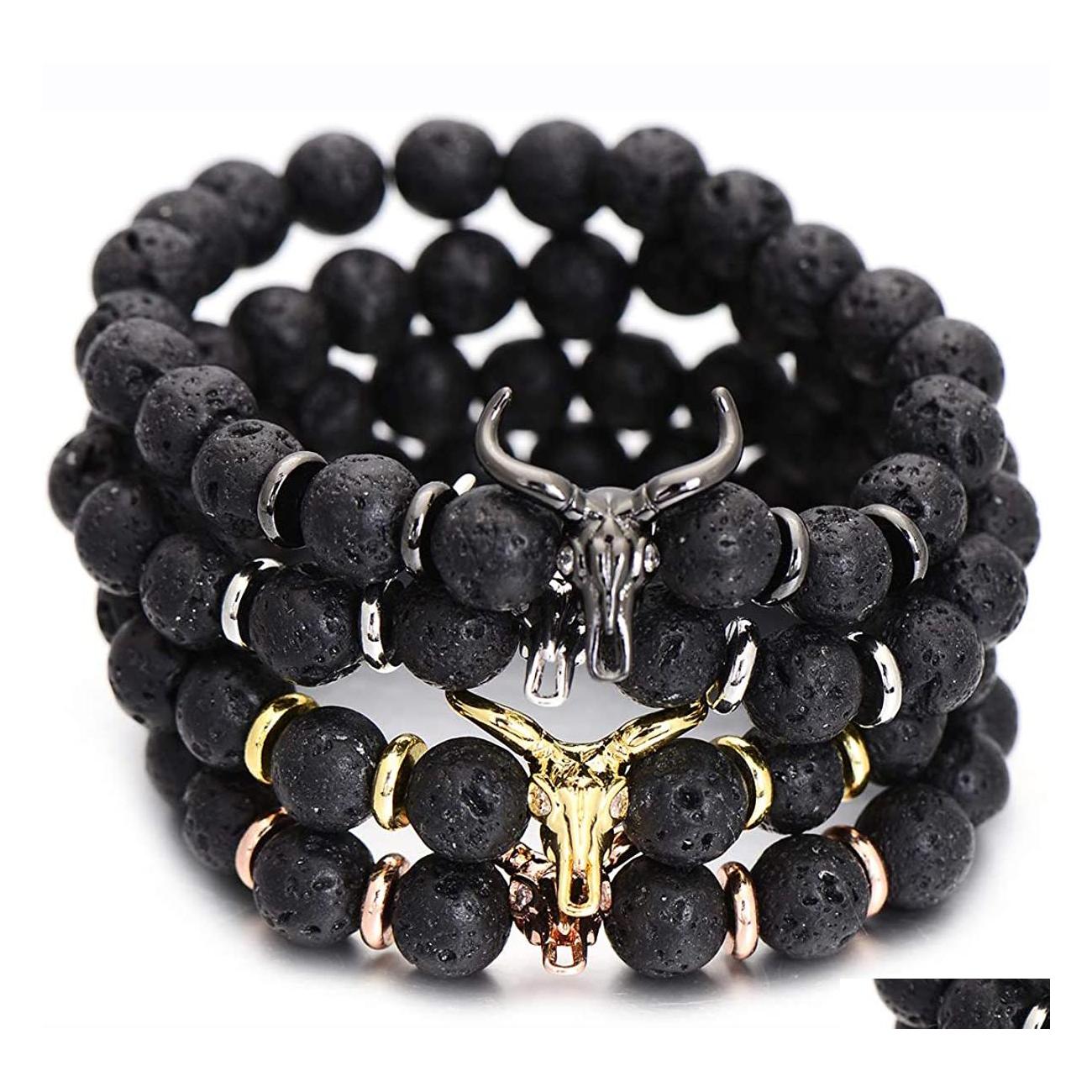 

car dvr Beaded Strands Women Jewelry Bracelet Punk Cz Bl Head Skl Men Fashion 8Mm Lava Stone Beads Charm Bracelets Bangles Rame Gift Drop De Dhumn