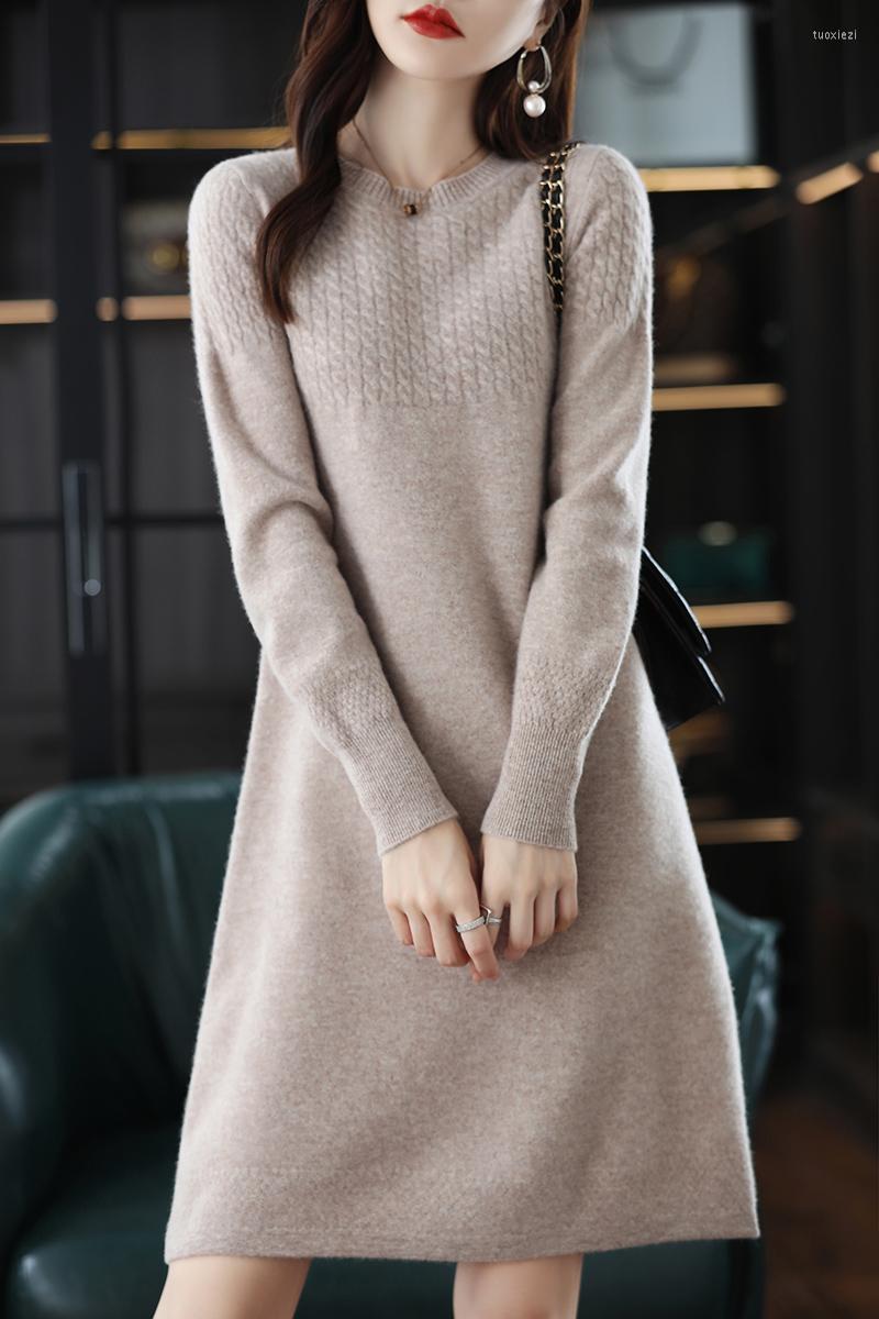 

Casual Dresses 100 Pure Wool Dress Women Medium Long Knee Length Autumn Winter Round Neck Bottoming Knitting Solid Color Sleeve Underneath, Light beige