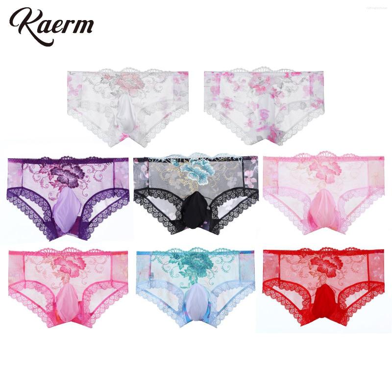 

Underpants Men's Colorful Flower Embroidery Triangle Brief Sissy Ruffles Lace Sheer Bulge Pouch Underwear Lingerie Crossdresser Costume, Purple