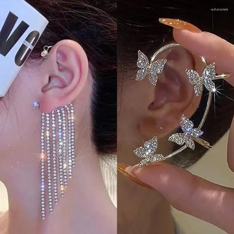 

Backs Earrings Shining Zircon Rhinestone Long Tassel Ear Clip Cuff Exquisite Vintage Wedding Party Jewelry