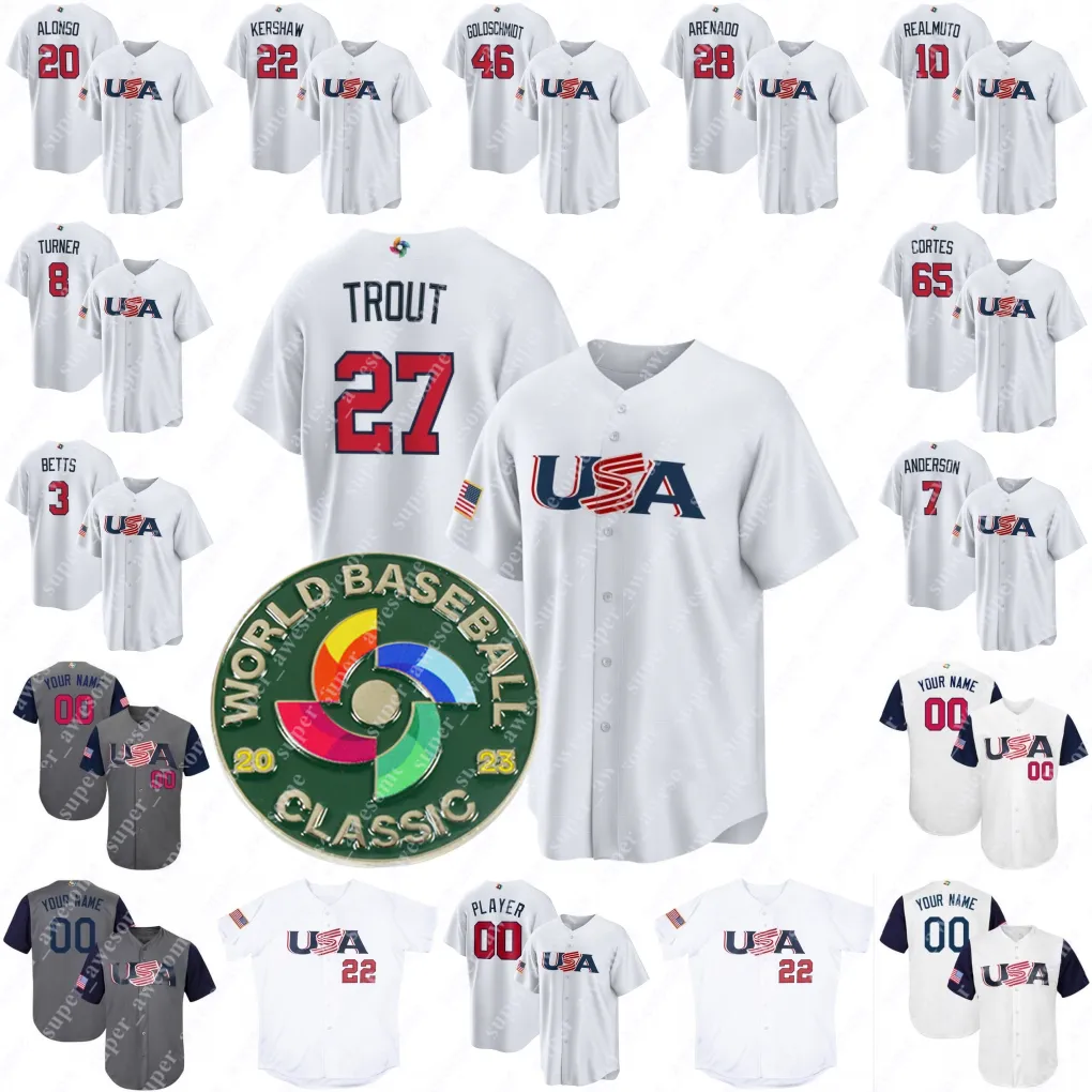

CUSTOM USA 2023 World Baseball Classic Baseball Jersey Mike Trout Clayton Kershaw Paul Goldschmidt Nolan Arenado J. T. Realmuto Trea Turner, White 2023