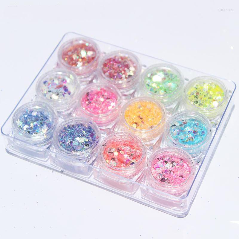 

Nail Glitter 12 Jars Sparkly Mermaid Flakes Mixed-Shape Sequins UV Gel Polish Color Changing AB For Art LS897