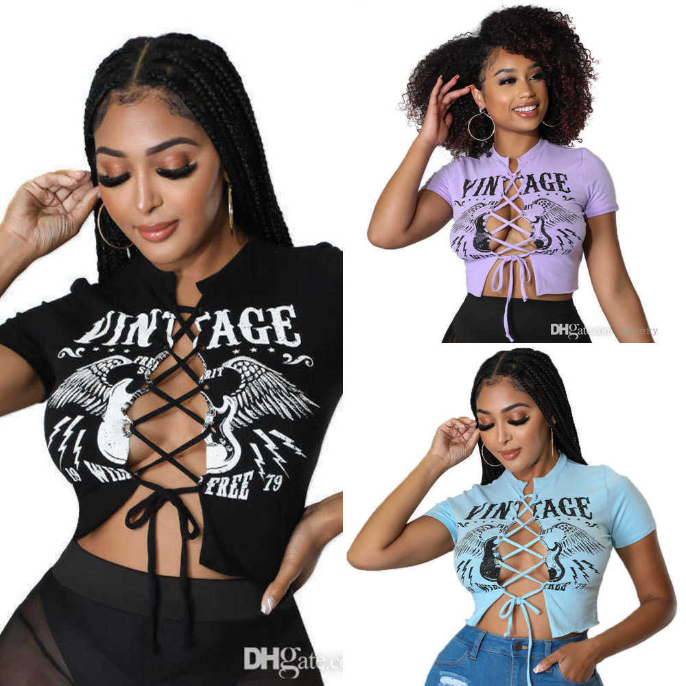 

2023 Sexy Short Sleeve T-shirt For Women Graphic T Shirts Woman Tshirts New Summer Hollow Out Crop Tops Ladies Tees Fashion Women' Bandage Printed Clothing, Purple