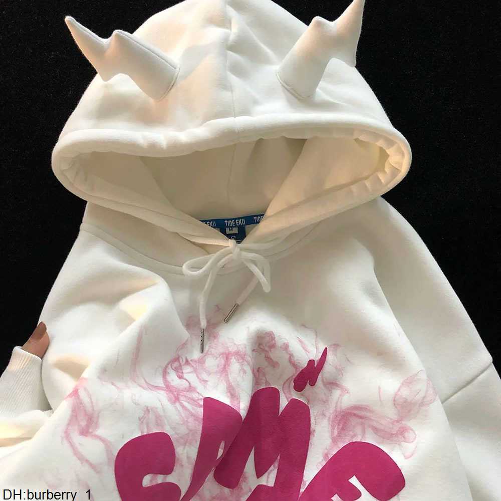 

Autumn Winter Women Fleece Thicken Hoodies Sweatshirt Y2k Small Horns Hooded New Smoke Mist Print Sweatshirt Pair Hoodie95as, White