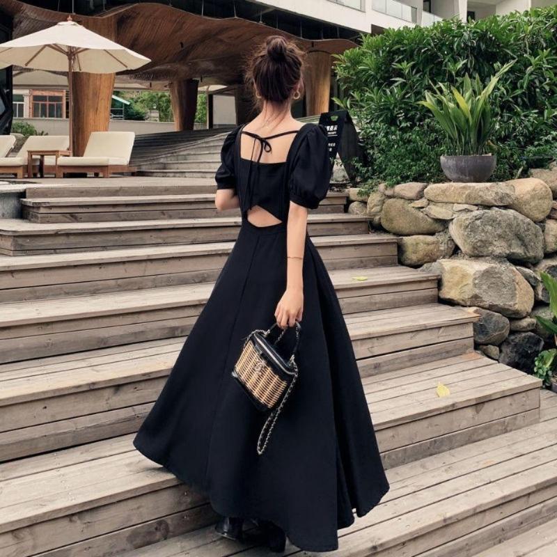 

Women's T Shirts French Retro Careful Machine Dress2023Summer Waist Hugging Slim-Looking Black Over-the-Knee Dress Fashion, Picture shown