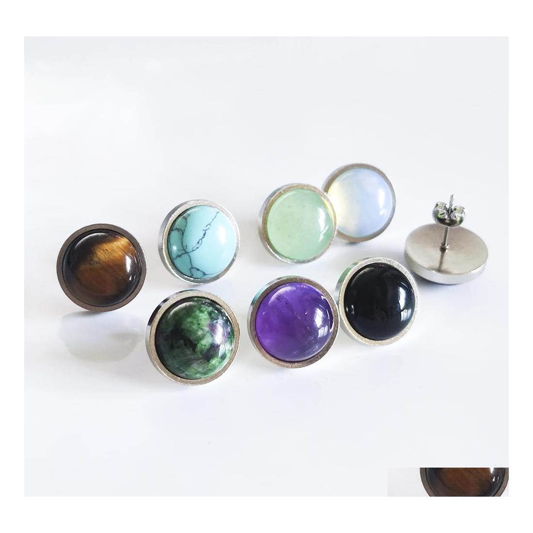 

car dvr Stud 8Mm 10Mm 12Mm Natural Stone Stainless Steel Ear Tiger Eye Opal Amethyst Rose Quartz Earrings For Women Girl Jewelry Drop Deliver Dh8Ob