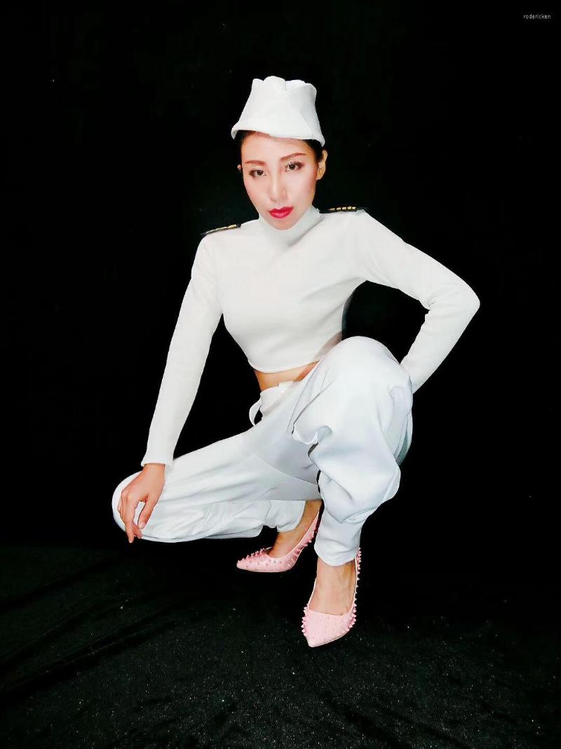 

Stage Wear White Long Sleeves Top And Pants Hat Three Pieces For Women Hip Hop Dance Clothing Nightclub Singer Perform Costumes