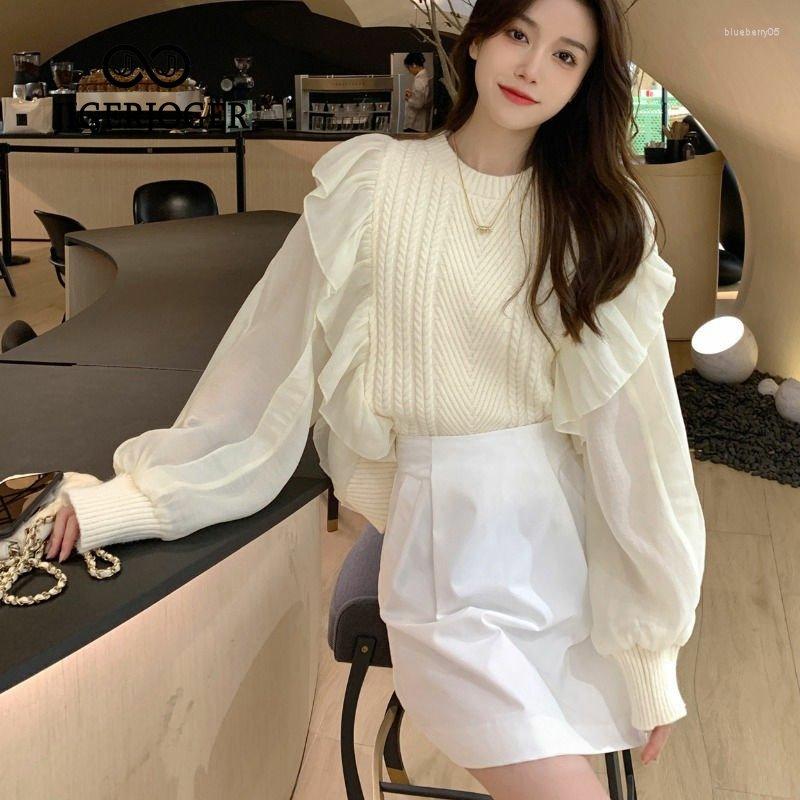 

Women's Sweaters Women Sweater Autumn Long Lantern Sleeve Stitched Mujer Women's 2023 Round Neck Sweet Pure Color Top Pink