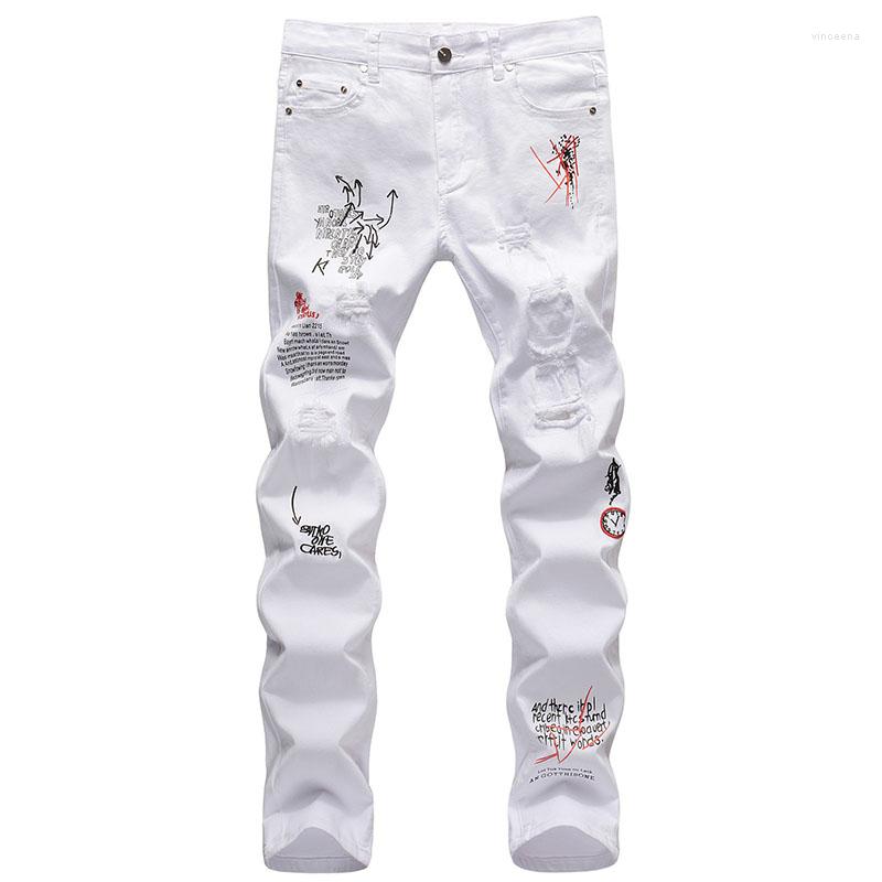 

Men's Jeans Fashion Embroidery Letters White Skinny Trousers Men Hip Hop Punk Casual Motorcycle Stretch Ripped Denim Pants Streetwear