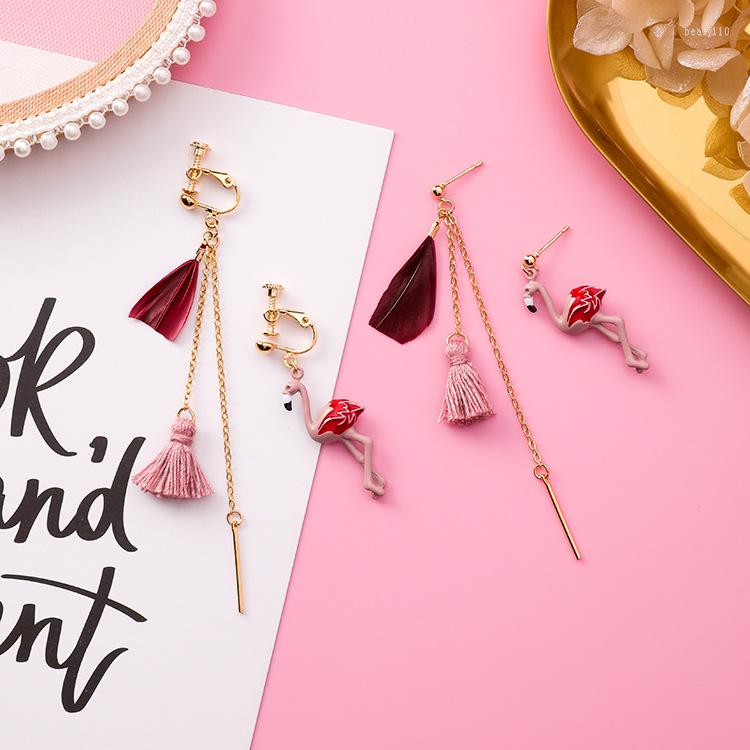 

Backs Earrings SHIFEEL Fashion Korea Asymmetry Flamingo Red Feather Tassel Sweet Romantic Ear Clip Earless Hole Long Pendients